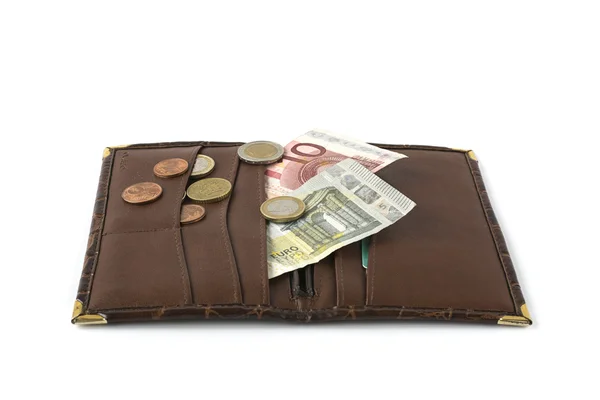 Leather wallet with banknotes and coins — Stock Photo, Image