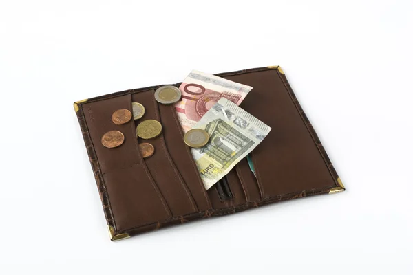 Leather wallet with banknotes and coins — Stock Photo, Image