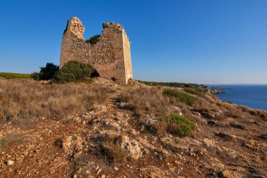 Torre Uluzzo Apulia 'daki Porto Selvaggio Bölgesel Parkı' nda Gün Batımında - İtalya