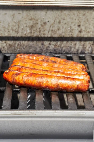 Merguez Sausage Grilling Grătar Gaz Timpul Frumoasă Vară — Fotografie, imagine de stoc