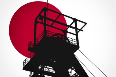 Arka planda Japon Bayrağı ve ön planda Kömür Madeni Dönme Dönme Dönme Tekerleği Simülasyonu. Yaklaşan enerji krizinin sembolü