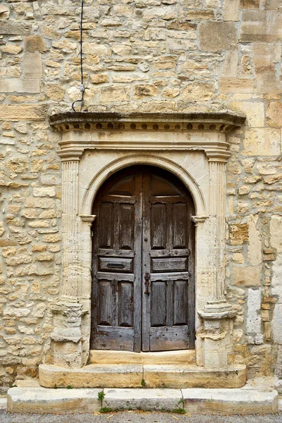 Old Church Porch Wooden Door Stone Wall Barjac Occitanie France — Stock Photo, Image