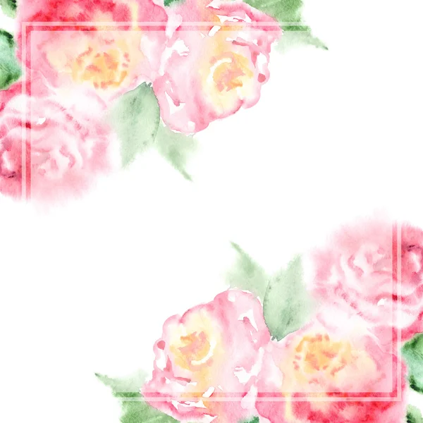 Watercolor pink tea rose flower floral composition frame — Stock Photo, Image