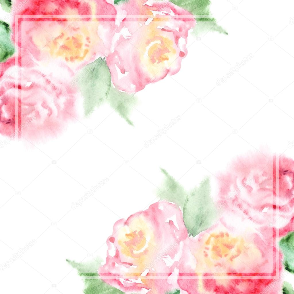Watercolor pink tea rose flower floral composition frame