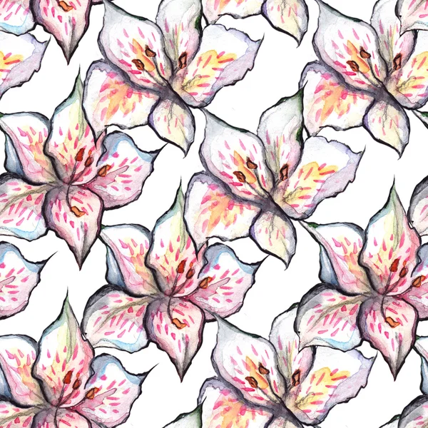 수채화 alstroemeria 꽃 원활한 패턴 섬유 배경 — 스톡 사진