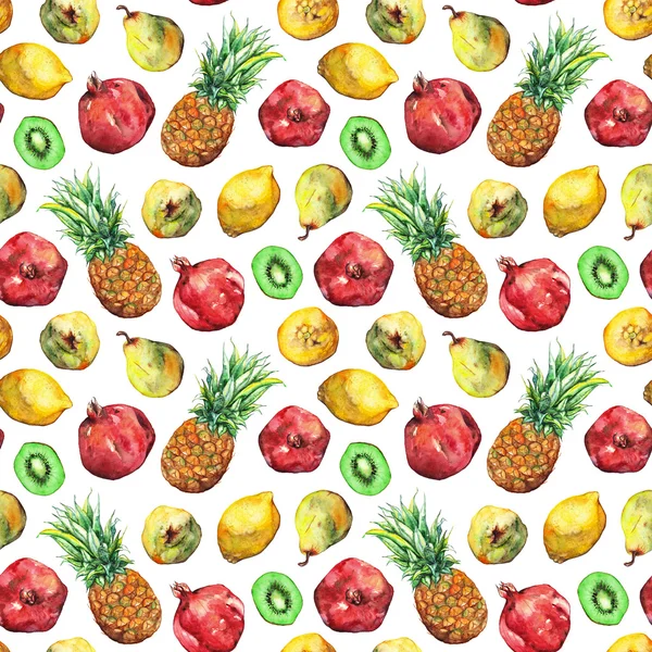 Akwarela ananas cytryna granat gruszka kiwi owoc bezszwowe wzór — Zdjęcie stockowe