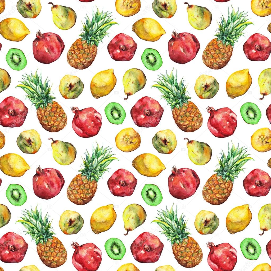 Watercolor pineapple pomegranate lemon pear kiwi fruit seamless pattern