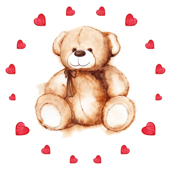 Corazón de oso de peluche acuarela Tarjeta del día de San Valentín —  Fotos de Stock