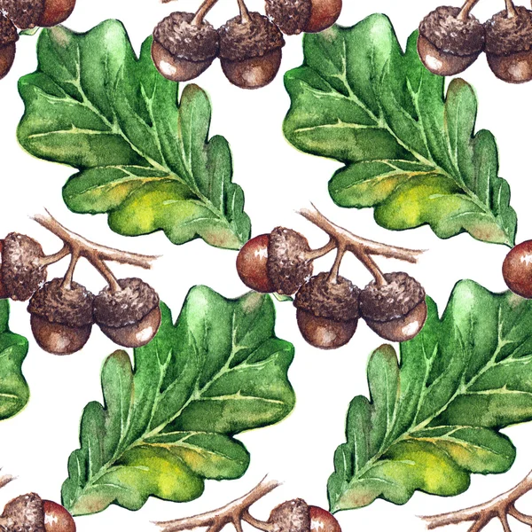 水彩のオークの緑葉どんぐり種子のシームレスなパターン背景テクスチャ — ストック写真