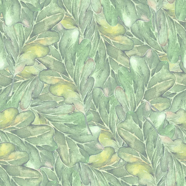 Suluboya üç yaprak yeşil meşe palamudu tohum Dikişsiz desen arka plan — Stok fotoğraf