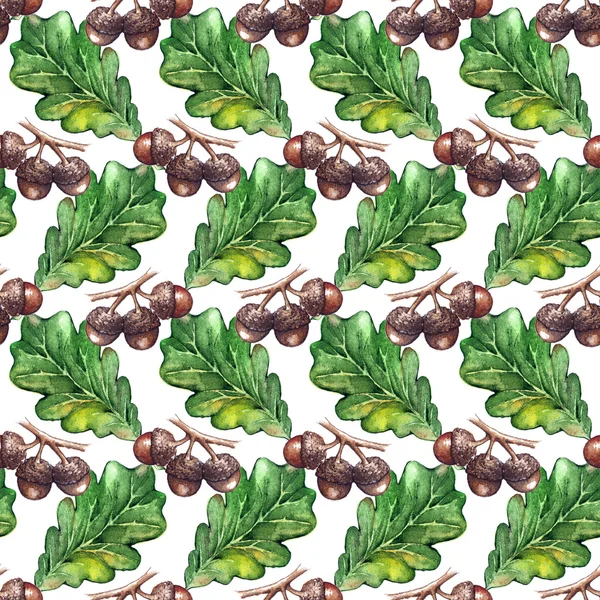 Watercolor oak green leaf acorn seed seamless pattern background texture — Stock Photo, Image