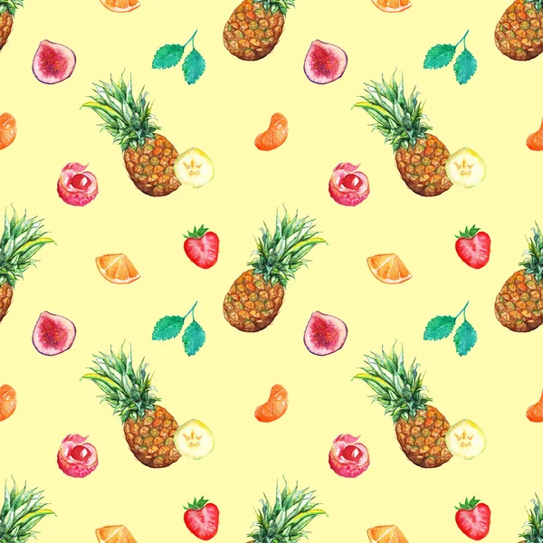 水彩トロピカル フルーツ ベリーのシームレスなパターン背景 — ストック写真