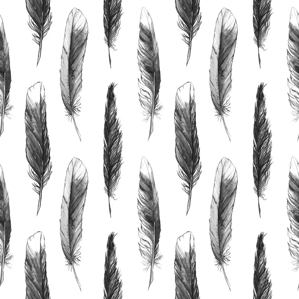 Watercolor black and white monochrome feather seamless pattern — Stock Photo, Image