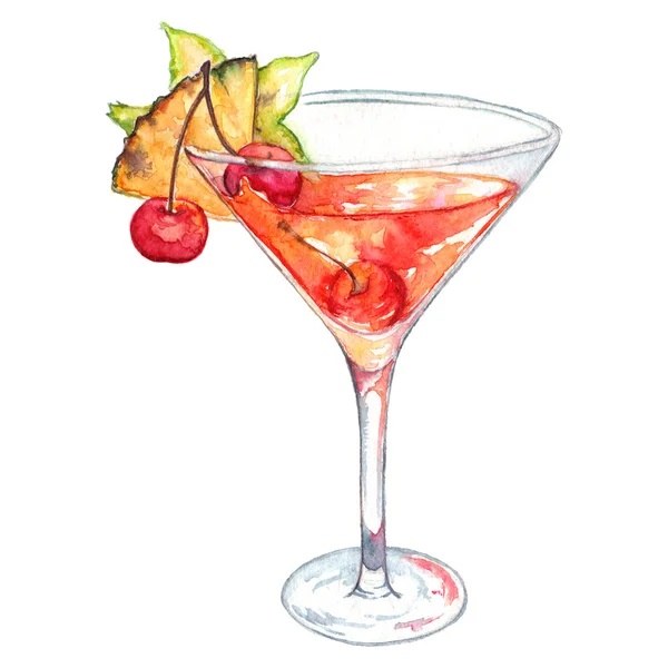Aquarell Kirsche Ananas Karambolaalkohol-Cocktail isoliert — Stockfoto