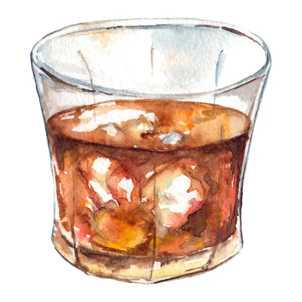 Watercolor rum whiskey ice alcohol cocktail isolated — Stock Photo, Image