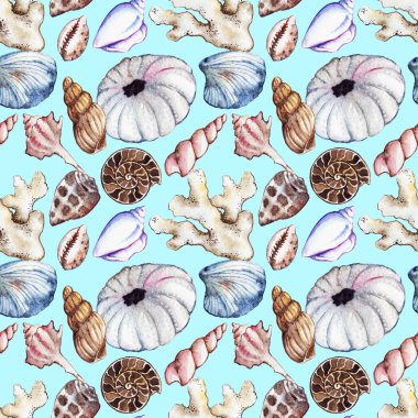 Suluboya deniz okyanus kabuğu midye mercan ammonit urchin seamless modeli