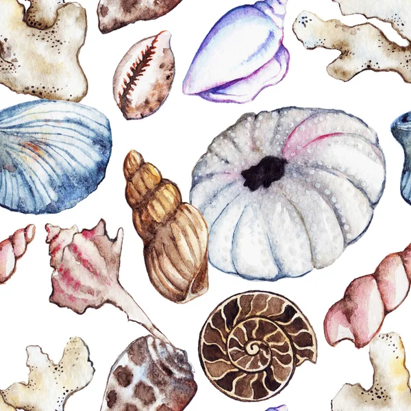 Watercolor sea ocean seahorse seashell coral ammonit urchin seamless pattern — Stock Photo, Image