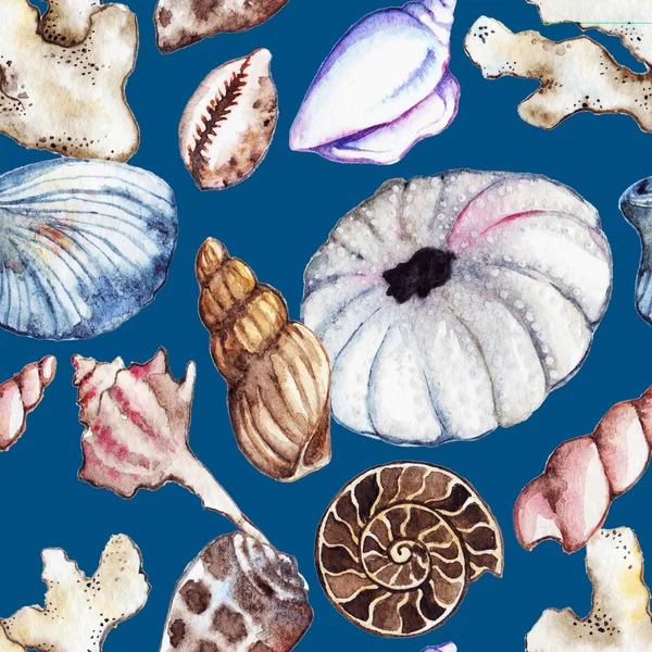 Ακουαρέλα θάλασσα ωκεανό ιππόκαμπος seashell κοραλλιογενείς ammonit σκανταλιάρικο παιδί χωρίς ραφή πρότυπο — Φωτογραφία Αρχείου