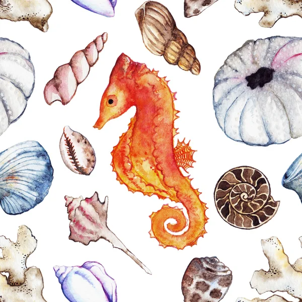 Aquarel zee oceaan seahorse zeeschelp koraal ammonit urchin naadloze patroon — Stockfoto