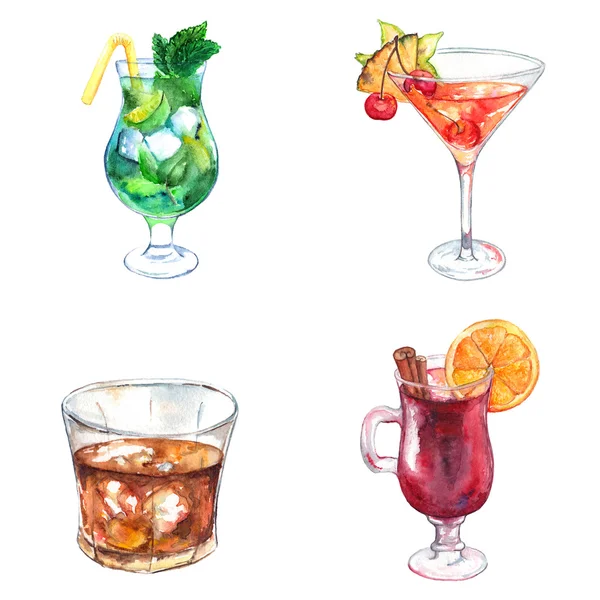 Aquarell exotisches Getränk Alkohol Cocktail Set isoliert — Stockfoto