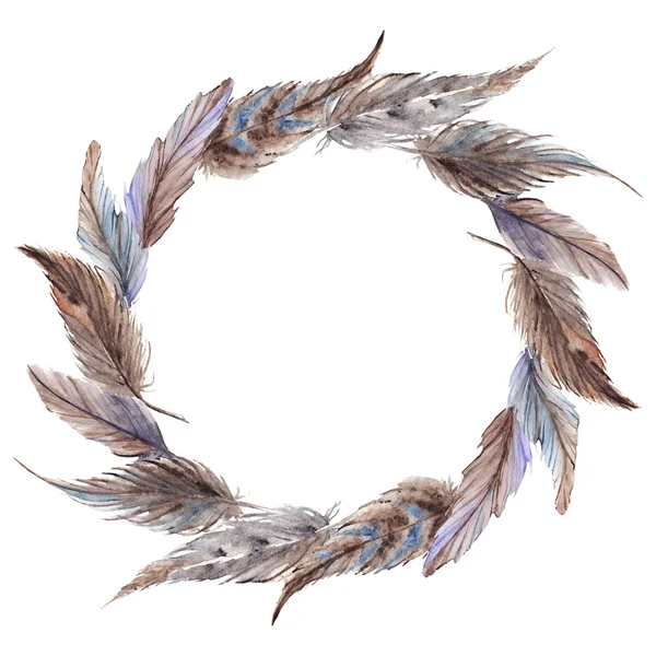 Watercolor brown gray grey feather wreath isolated — Stock Photo, Image