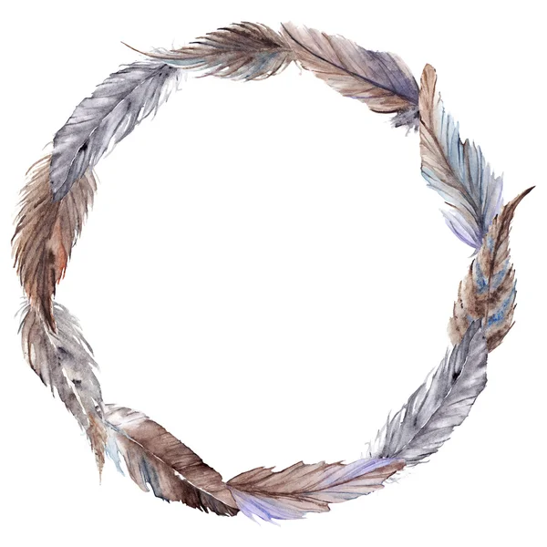 Watercolor brown gray grey feather wreath isolated — Stock Photo, Image