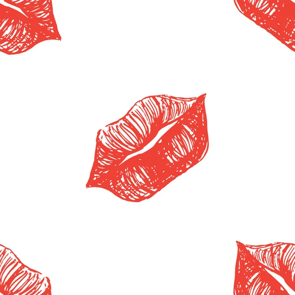 Red and white lips sketched seamless pattern texture background vector — Stock Vector