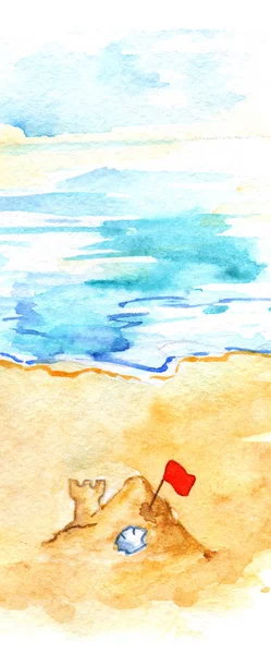 Aquarel zomer reizen strand zee kust zand kasteel — Stockfoto