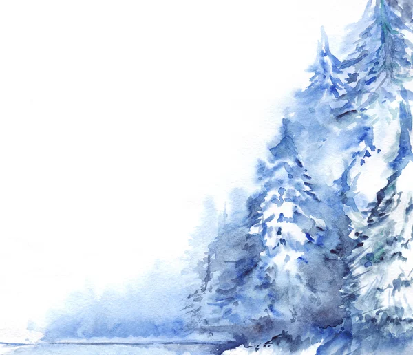 수채화 겨울 눈 덮인 소나무 나무 숲 풍경 — 스톡 사진