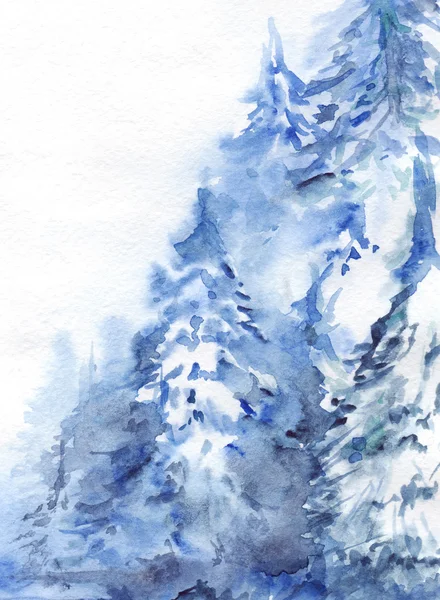 Акварель зимний снежный сосновый лес пейзаж — стоковое фото