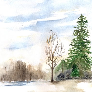 Suluboya bahar güneşli ahşap orman manzara sel