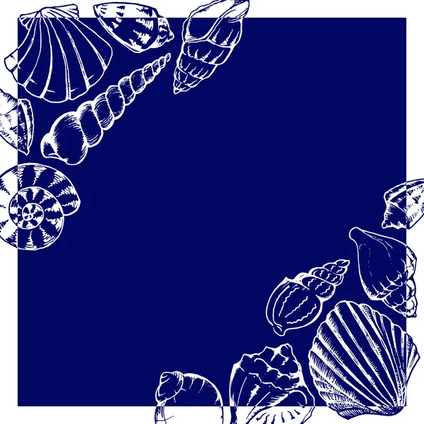 Monochrome coquillages de mer ligne art dessiné à la main cadre vecteur isolé — Image vectorielle