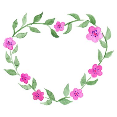 Suluboya kalp şekilli çiçek bitki dal çelenk izole