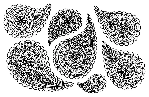 Paisley buta monokrom pola set vektor doodle - Stok Vektor