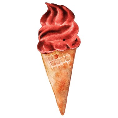 Suluboya çilek kiraz dondurma waffle şekerli tatlı izole