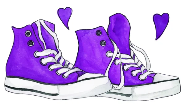 Akvarell, lila, lila cipők pár cipő szív szeretet elszigetelt vektor — Stock Vector
