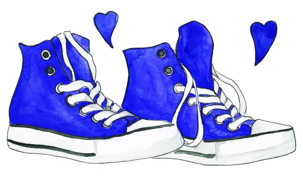 Ναυτικό μπλε ακουαρέλα ζευγάρι σπορτέξ παπούτσια καρδιές αγάπη απομονωμένες διάνυσμα — Διανυσματικό Αρχείο