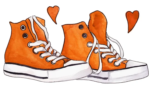 Ακουαρέλα σπορτέξ πορτοκαλί ζευγάρι παπούτσια καρδιές αγάπη απομονωμένες διάνυσμα — Διανυσματικό Αρχείο