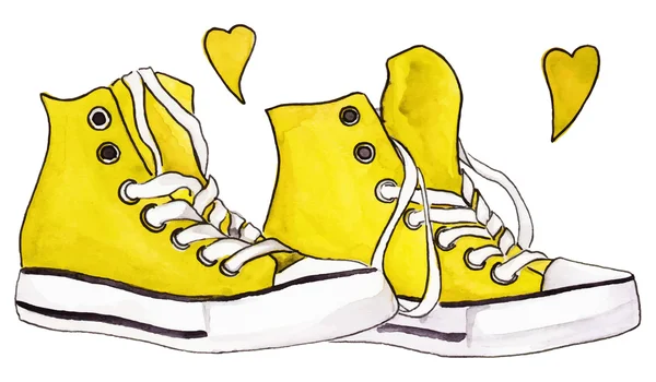 Ακουαρέλα κίτρινο λεμόνι σπορτέξ ζευγάρι παπούτσια καρδιές αγάπη απομονωμένες διάνυσμα — Διανυσματικό Αρχείο