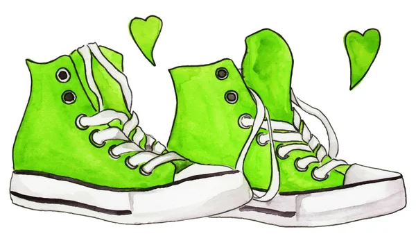 Πάνινα παπούτσια πράσινο ακουαρέλα νέον ζευγάρι παπούτσια καρδιές αγάπη απομονωμένες διάνυσμα — Διανυσματικό Αρχείο