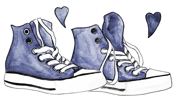 Ακουαρέλα indigo denim σπορτέξ ζευγάρι παπούτσια καρδιές αγάπη απομονωμένες διάνυσμα — Διανυσματικό Αρχείο