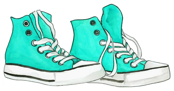 Ακουαρέλα μέντα μπλε τιρκουάζ πάνινα παπούτσια ζευγάρι παπούτσια απομονωμένες διάνυσμα — Διανυσματικό Αρχείο