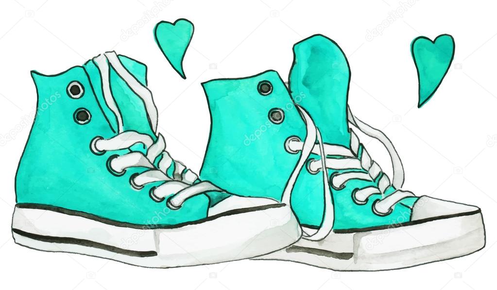 Watercolor mint blue sneakers pair shoes hearts love isolated vector ...