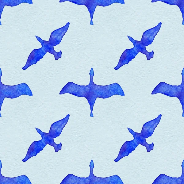 水彩飞行鸟动物蓝色无缝模式 — 图库照片