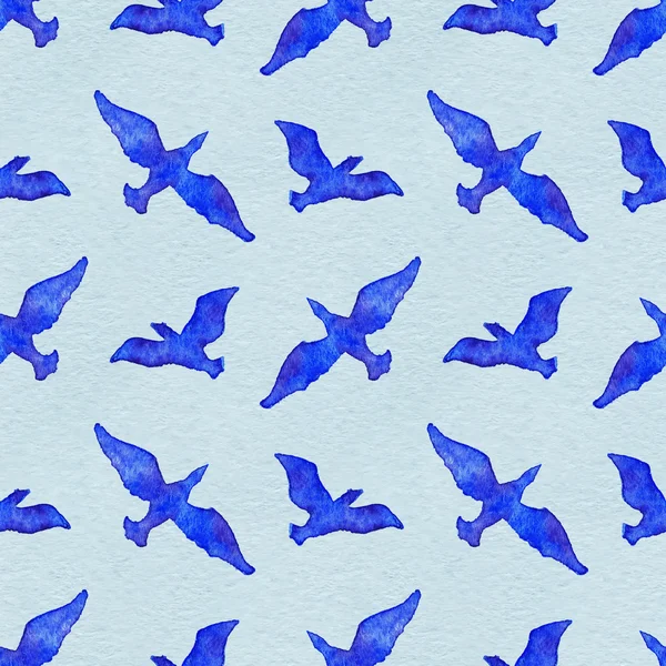 水彩飞行鸟动物蓝色无缝模式 — 图库照片