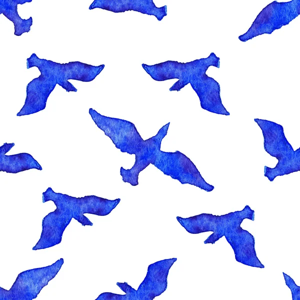 Akvarelu letícího ptáka živočišného modré bílé bezešvé vzor — Stock fotografie