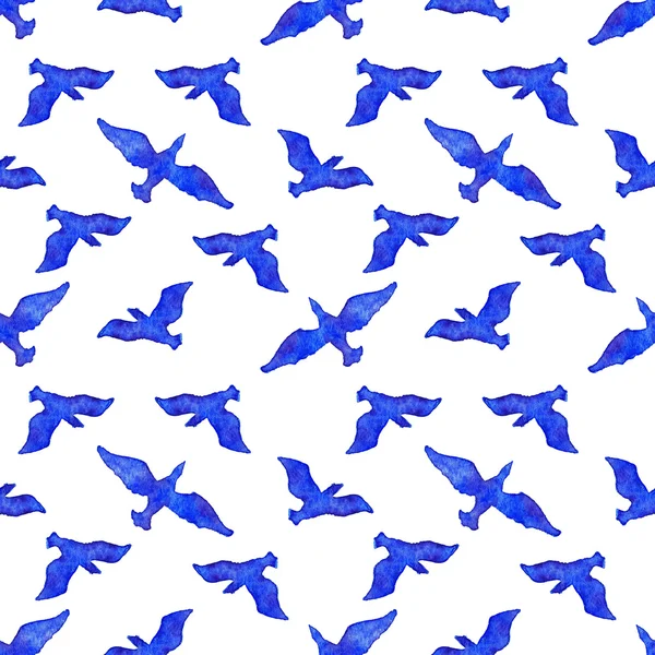 水彩飞行鸟动物蓝白色无缝模式 — 图库照片
