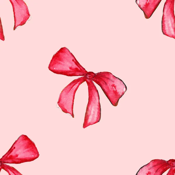 水彩の赤ピンクの弓テープ リボン ギフトのシームレスなパターン背景 — ストック写真