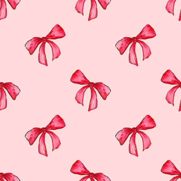 水彩的红色粉红色蝴蝶结胶带丝带礼品无缝图案背景 — 图库照片