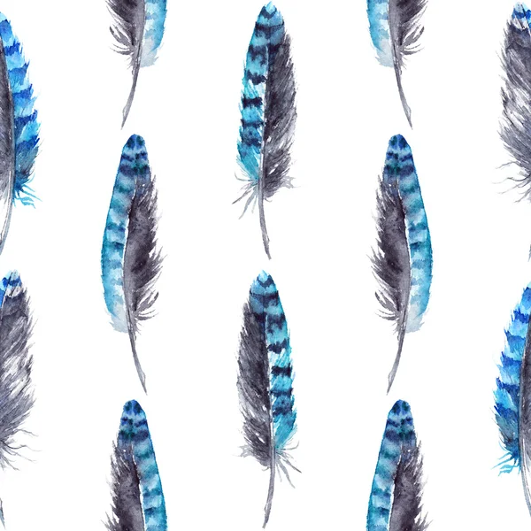 Aquarell blau Eichelhäher Feder nahtlose Muster Hintergrund — Stockfoto